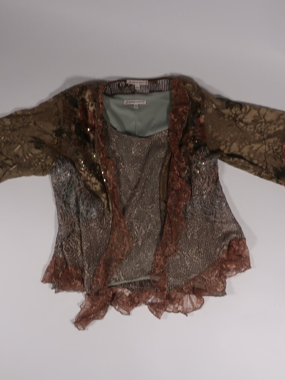 Spencer Alexis 2pc Set M Green Mesh Lace Sequin Ruffle Layered Art To Wear Boho